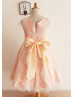 Pink Lace Satin Cap Sleeves Knee Length Flower Girl Dress 